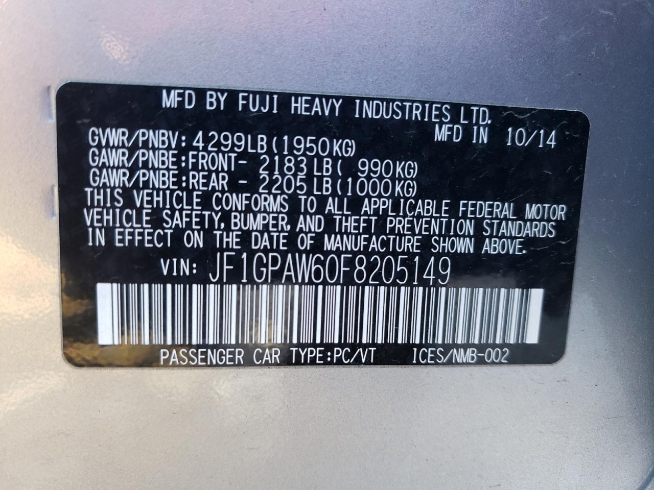 Photo 10 from auction – 2015 SUBARU IMPREZA SP with VIN JF1GPAW60F8205149