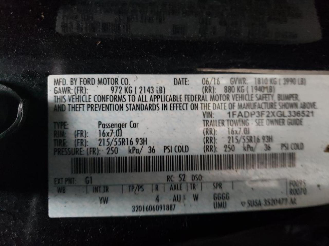 Photo 10 from auction – 2016 FORD FOCUS SE with VIN 1FADP3F2XGL336521