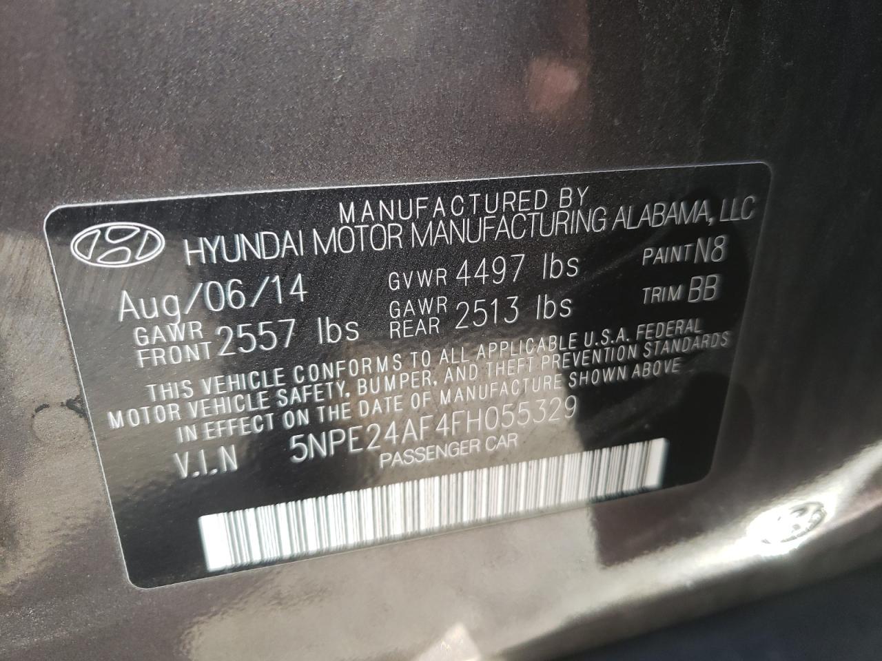 Photo 10 from auction – 2015 HYUNDAI SONATA SE with VIN 5NPE24AF4FH055329