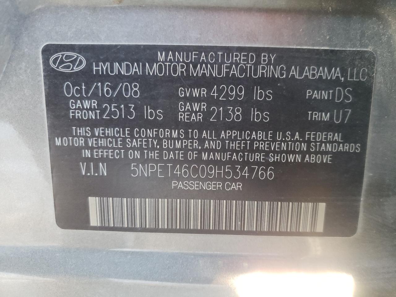 Photo 10 from auction – 2009 HYUNDAI SONATA GLS with VIN 5NPET46C09H534766