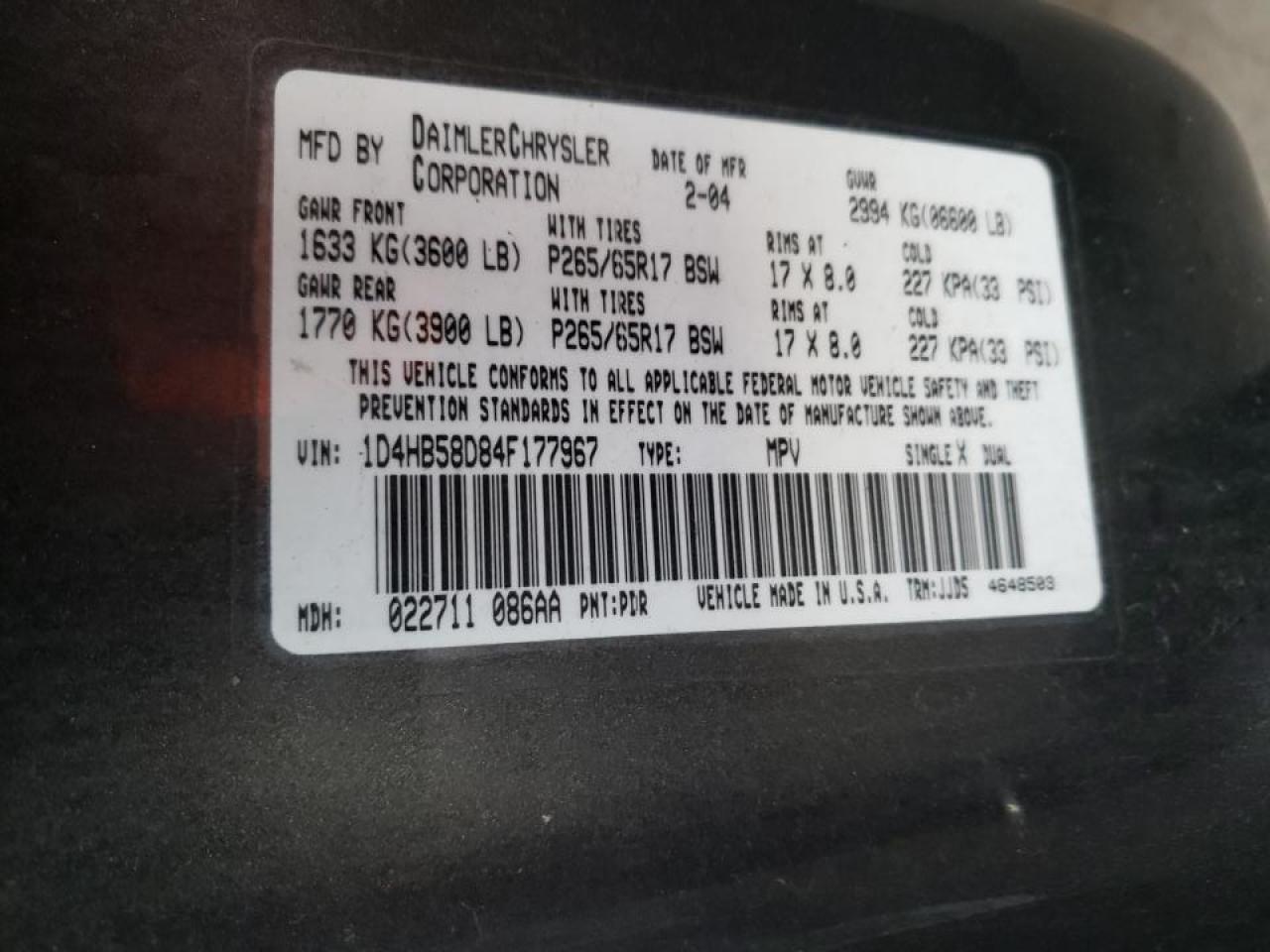 Photo 10 from auction – 2004 DODGE DURANGO LI with VIN 1D4HB58D84F177967