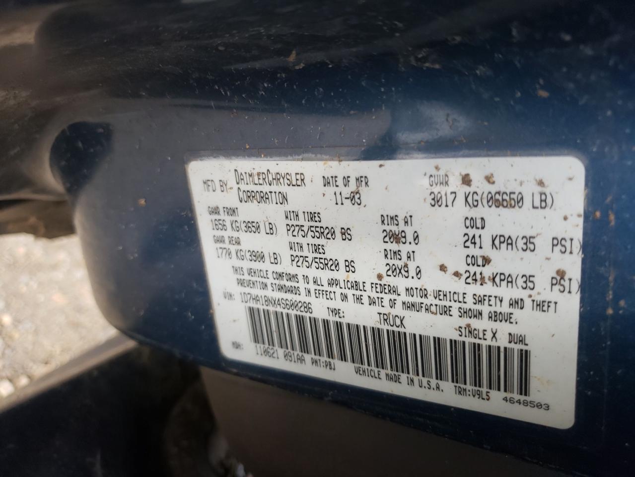 Photo 10 from auction – 2004 DODGE RAM 1500 S with VIN 1D7HA18NX4S600286