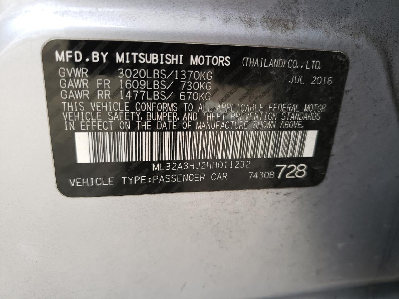 Photo 10 from auction – 2017 MITSUBISHI MIRAGE ES with VIN ML32A3HJ2HH011232