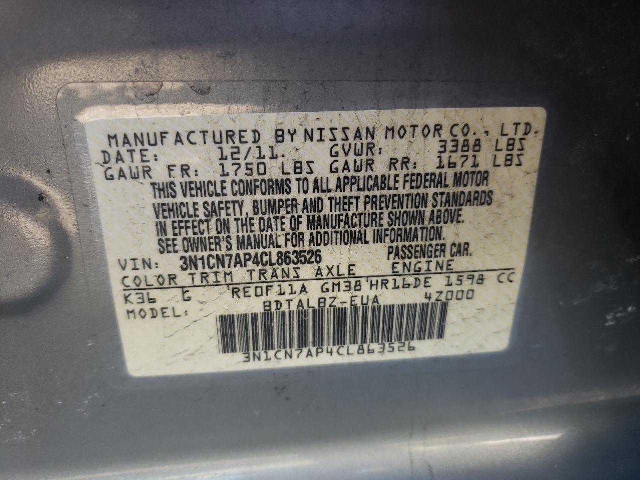 Photo 10 from auction – 2012 NISSAN VERSA S with VIN 3N1CN7AP4CL863526