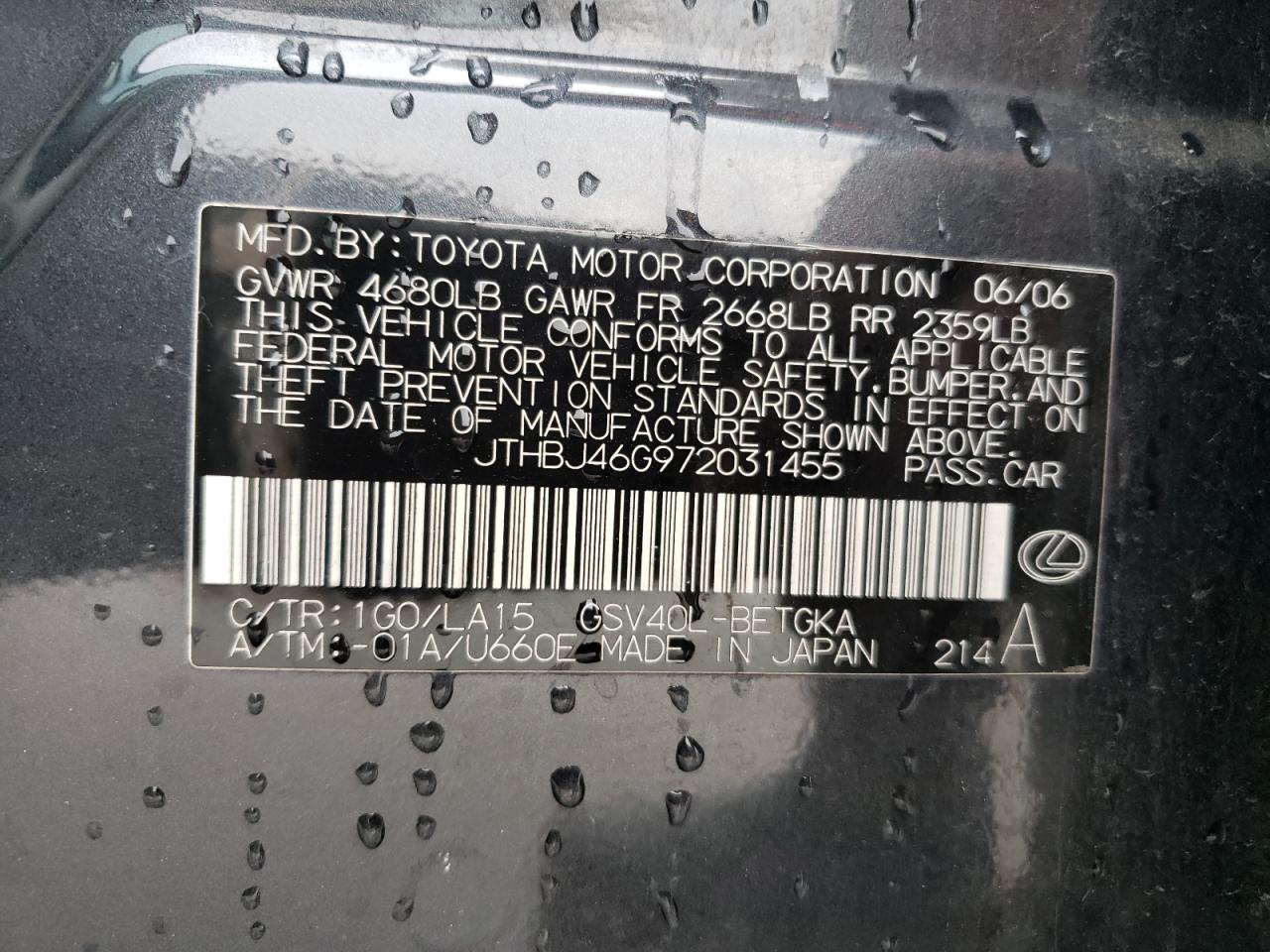 Photo 10 from auction – 2007 LEXUS ES 350 with VIN JTHBJ46G972031455