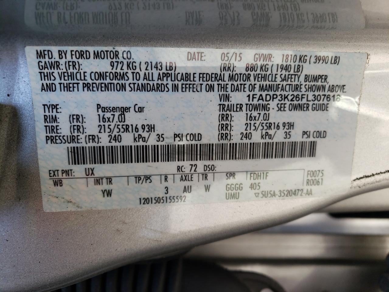 Photo 10 from auction – 2015 FORD FOCUS SE with VIN 1FADP3K26FL307618