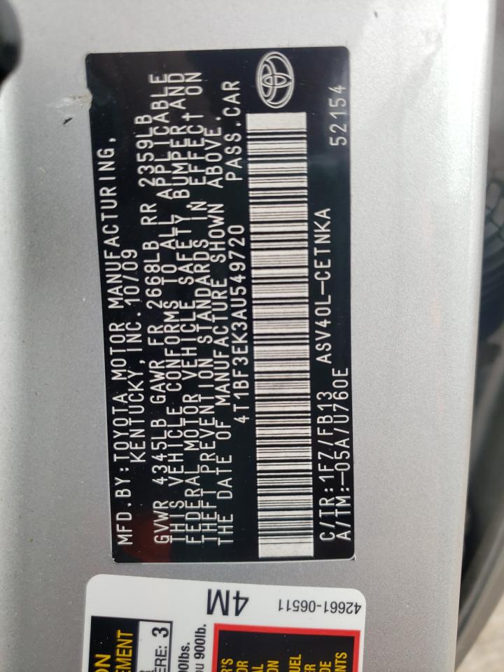 Photo 10 from auction – 2010 TOYOTA CAMRY BASE with VIN 4T1BF3EK3AU549720