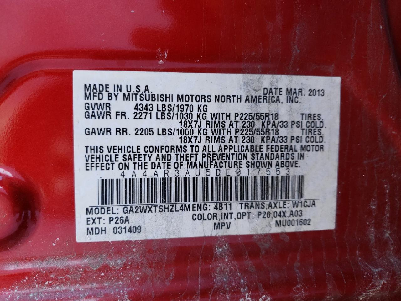 Photo 10 from auction – 2013 MITSUBISHI OUTLANDER with VIN 4A4AR3AU5DE017553