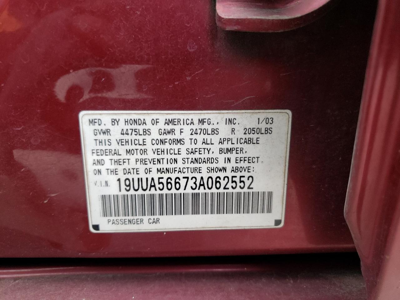 Photo 10 from auction – 2003 ACURA 3.2TL with VIN 19UUA56673A062552