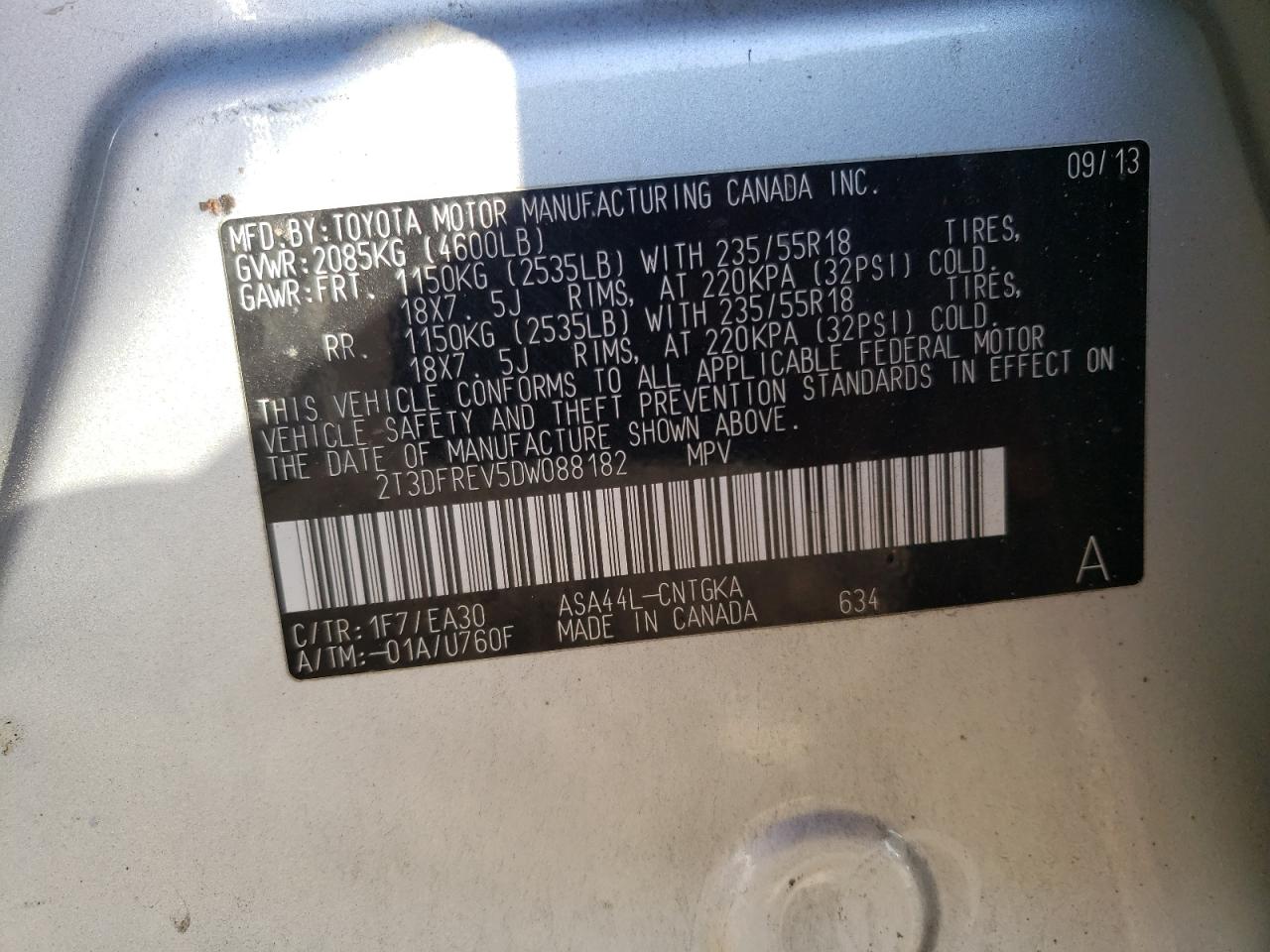 Photo 10 from auction – 2013 TOYOTA RAV4 LIMIT with VIN 2T3DFREV5DW088182