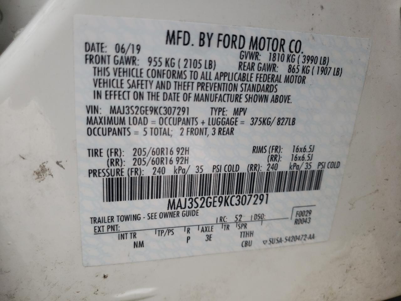 Photo 10 from auction – 2019 FORD ECOSPORT S with VIN MAJ3S2GE9KC307291