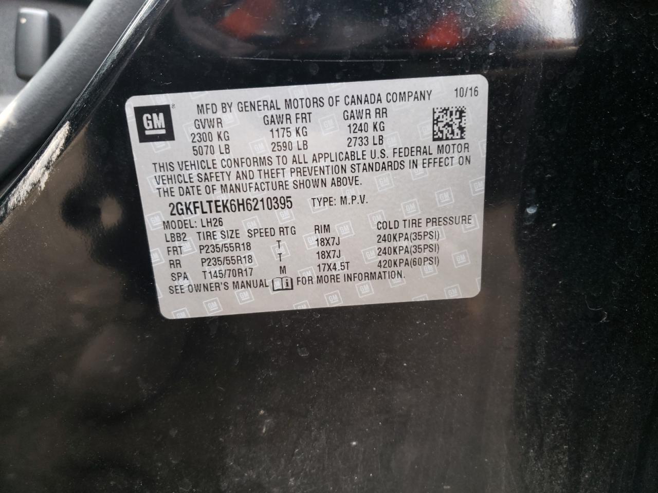 Photo 10 from auction – 2017 GMC TERRAIN SL with VIN 2GKFLTEK6H6210395
