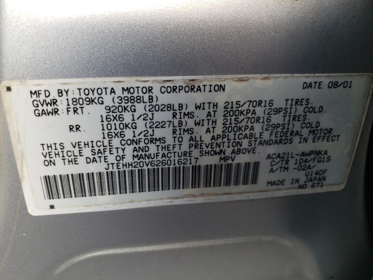 Photo 10 from auction – 2002 TOYOTA RAV4 with VIN JTEHH20V626016217