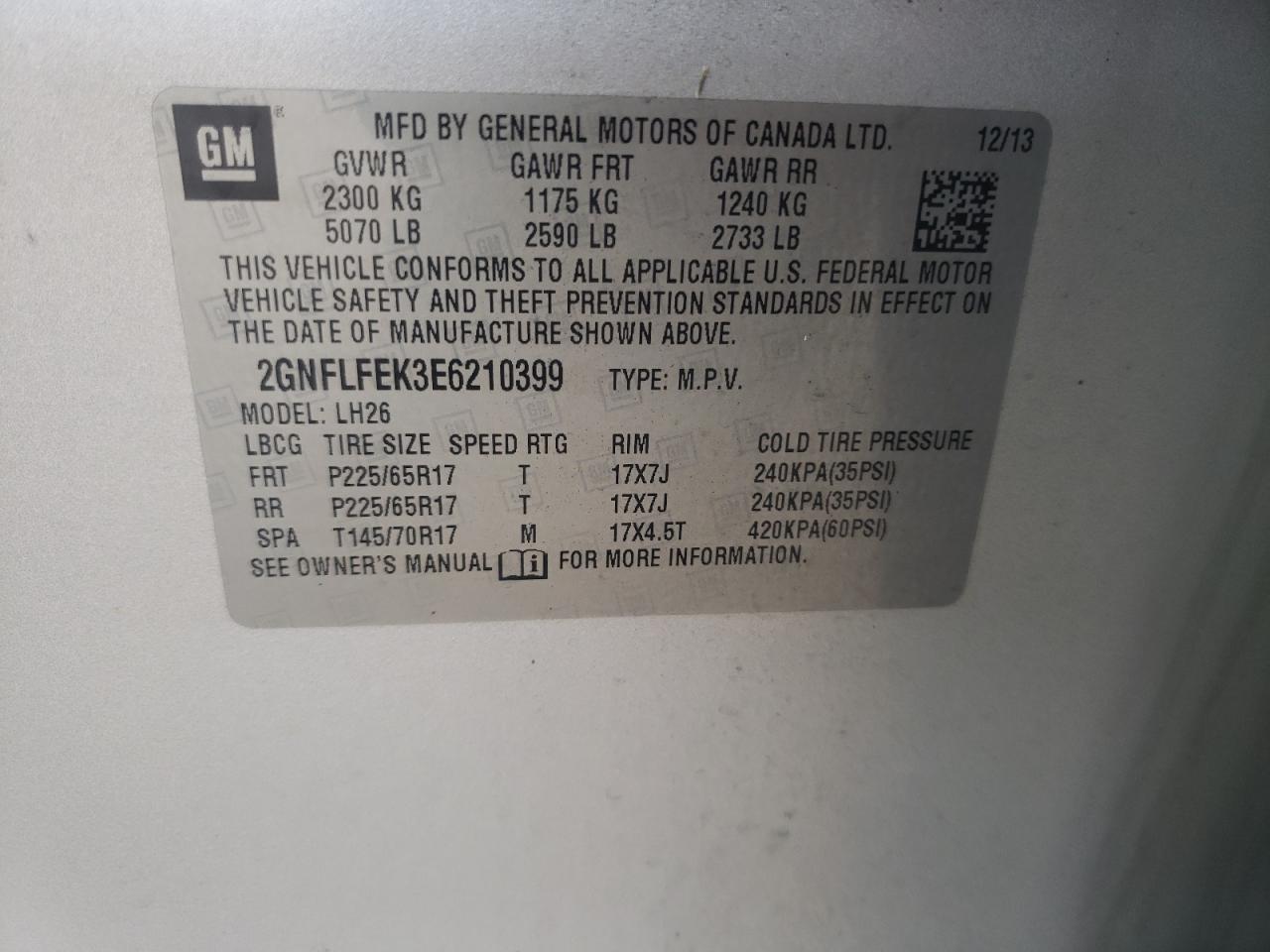 Photo 10 from auction – 2014 CHEVROLET EQUINOX LT with VIN 2GNFLFEK3E6210399