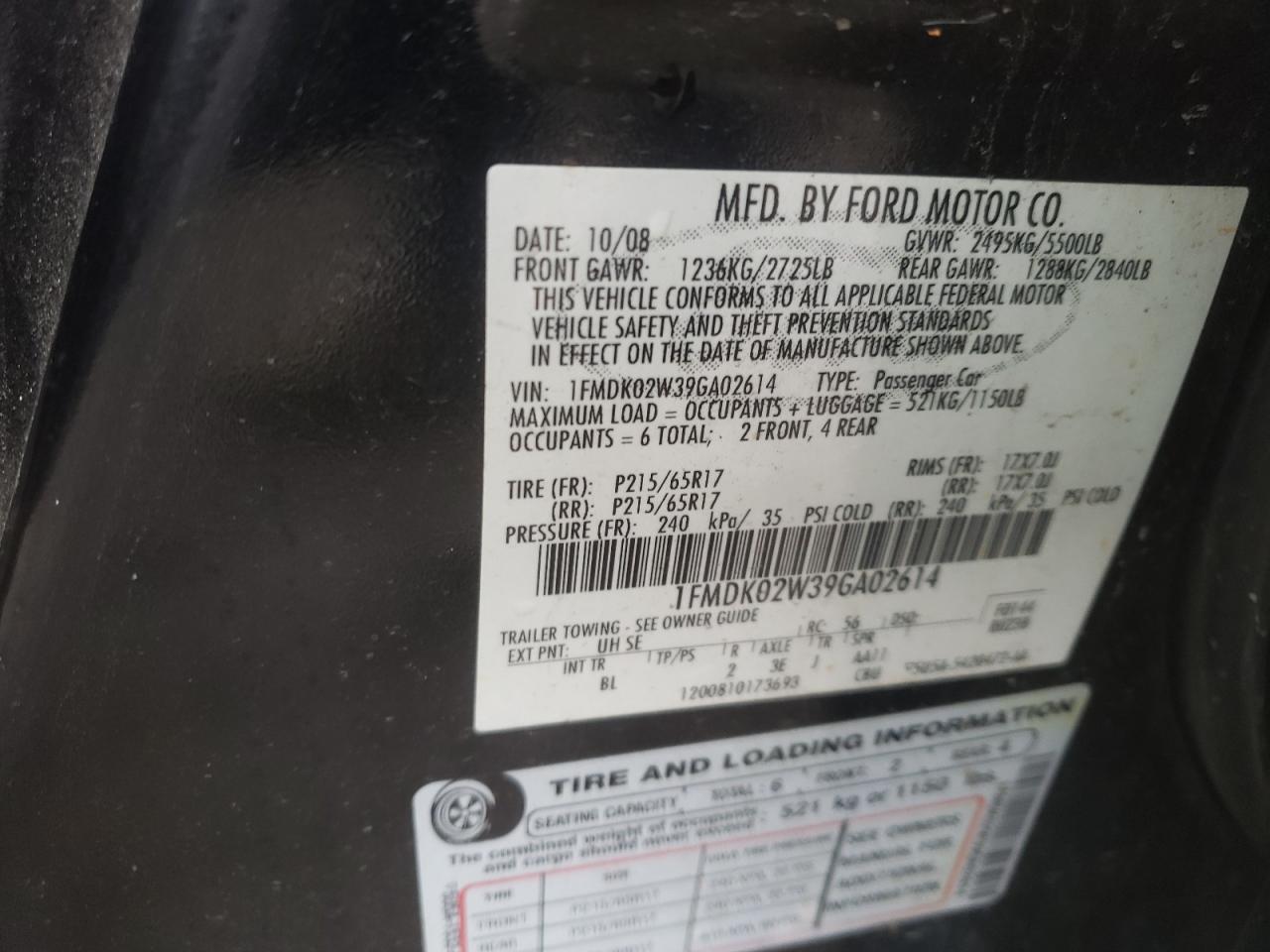 Photo 10 from auction – 2009 FORD TAURUS X S with VIN 1FMDK02W39GA02614