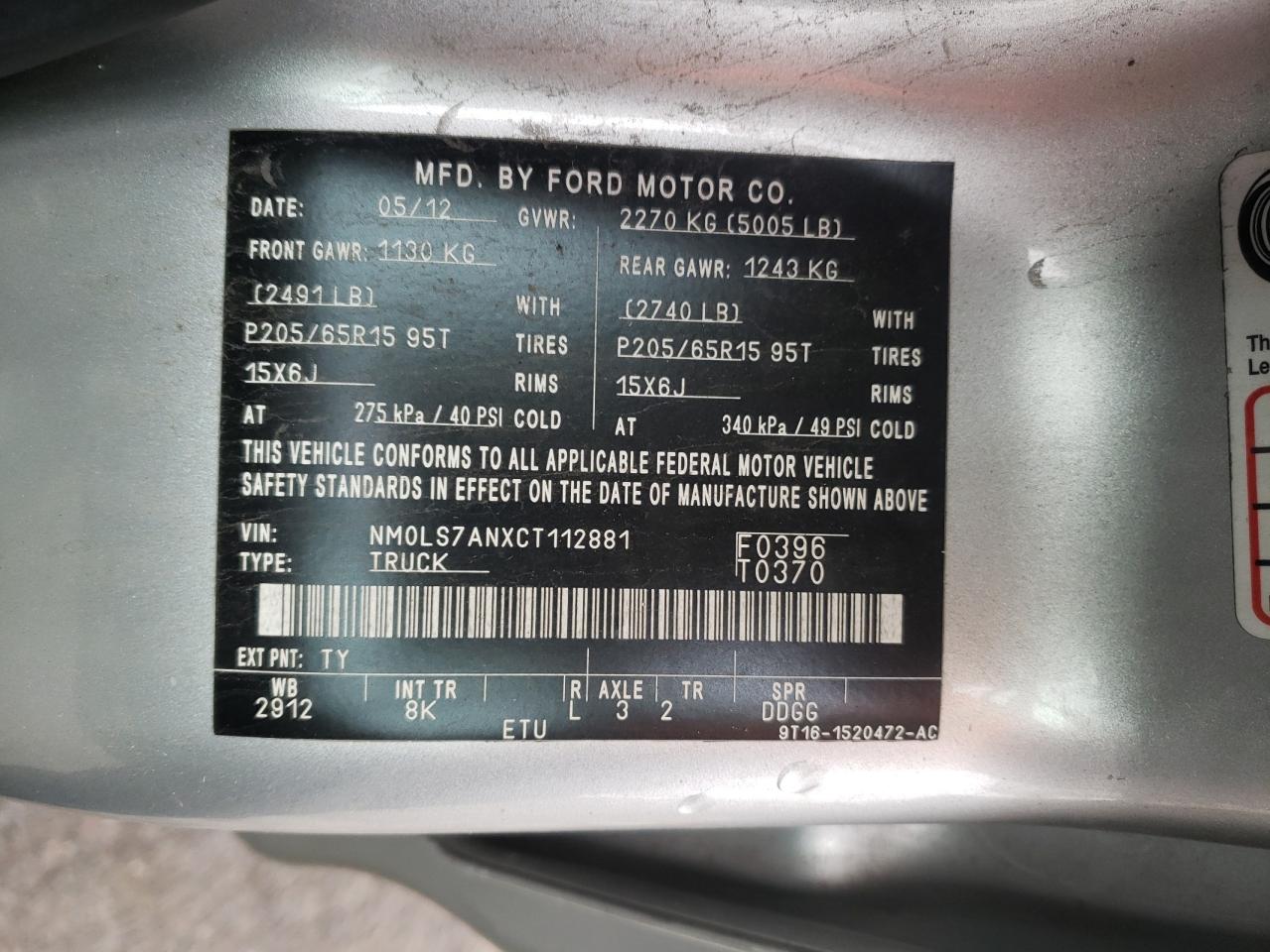 Photo 10 from auction – 2012 FORD TRANSIT CO with VIN NM0LS7ANXCT112881