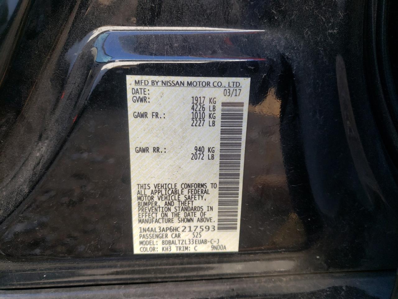 Photo 10 from auction – 2017 NISSAN ALTIMA 2.5 with VIN 1N4AL3AP6HC217593