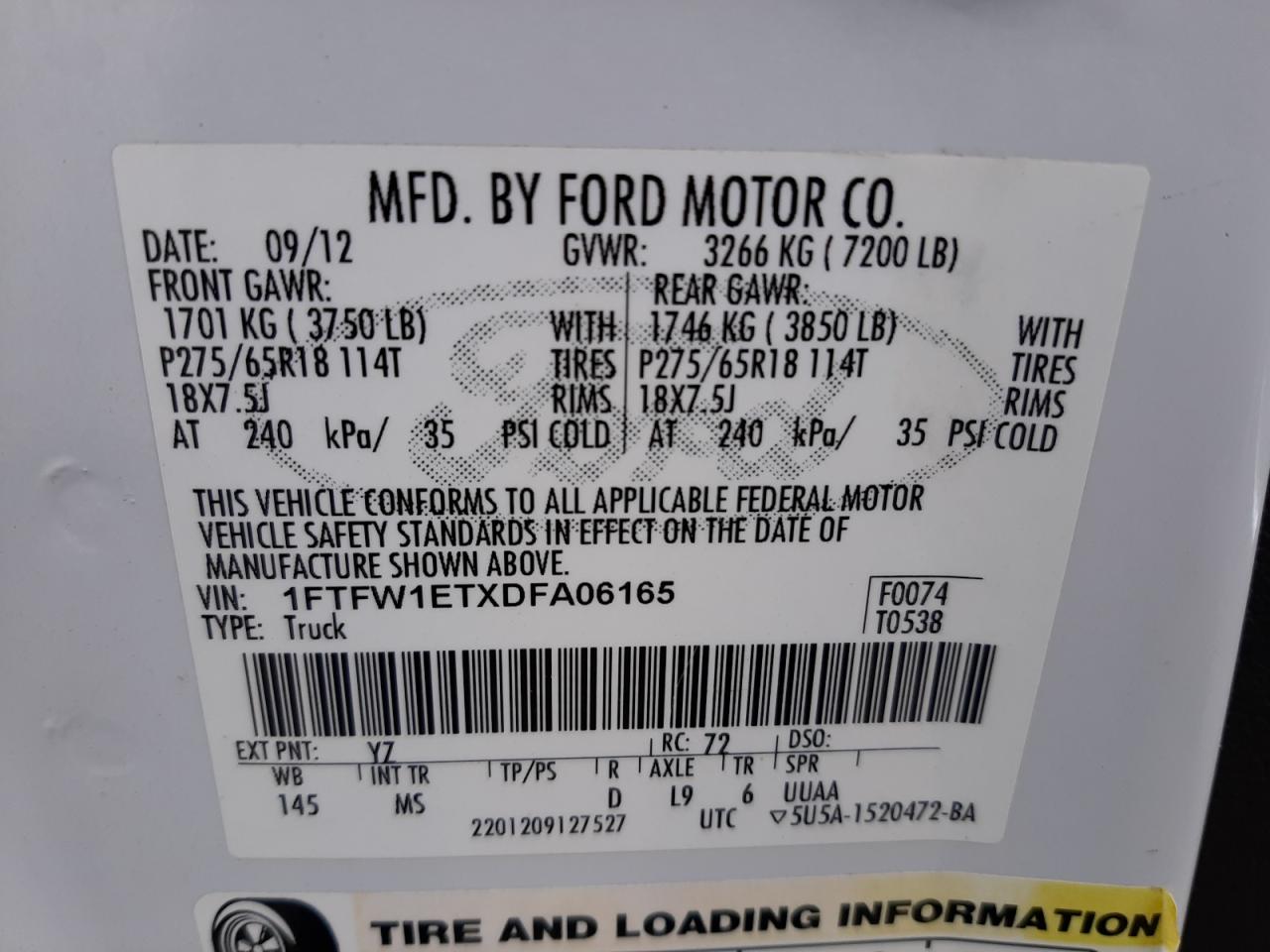 Photo 10 from auction – 2013 FORD F150 SUPER with VIN 1FTFW1ETXDFA06165