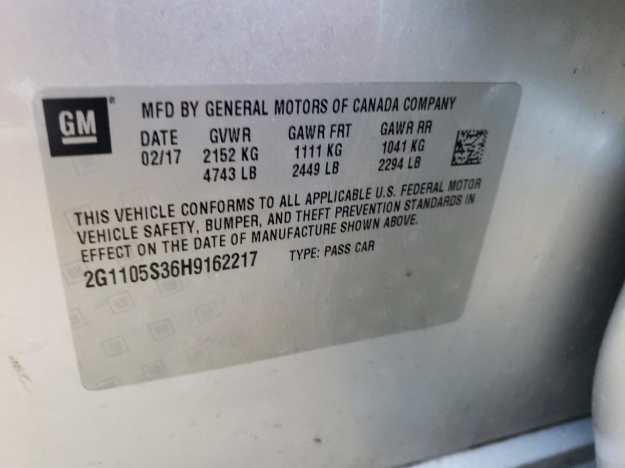 Photo 10 from auction – 2017 CHEVROLET IMPALA LT with VIN 2G1105S36H9162217
