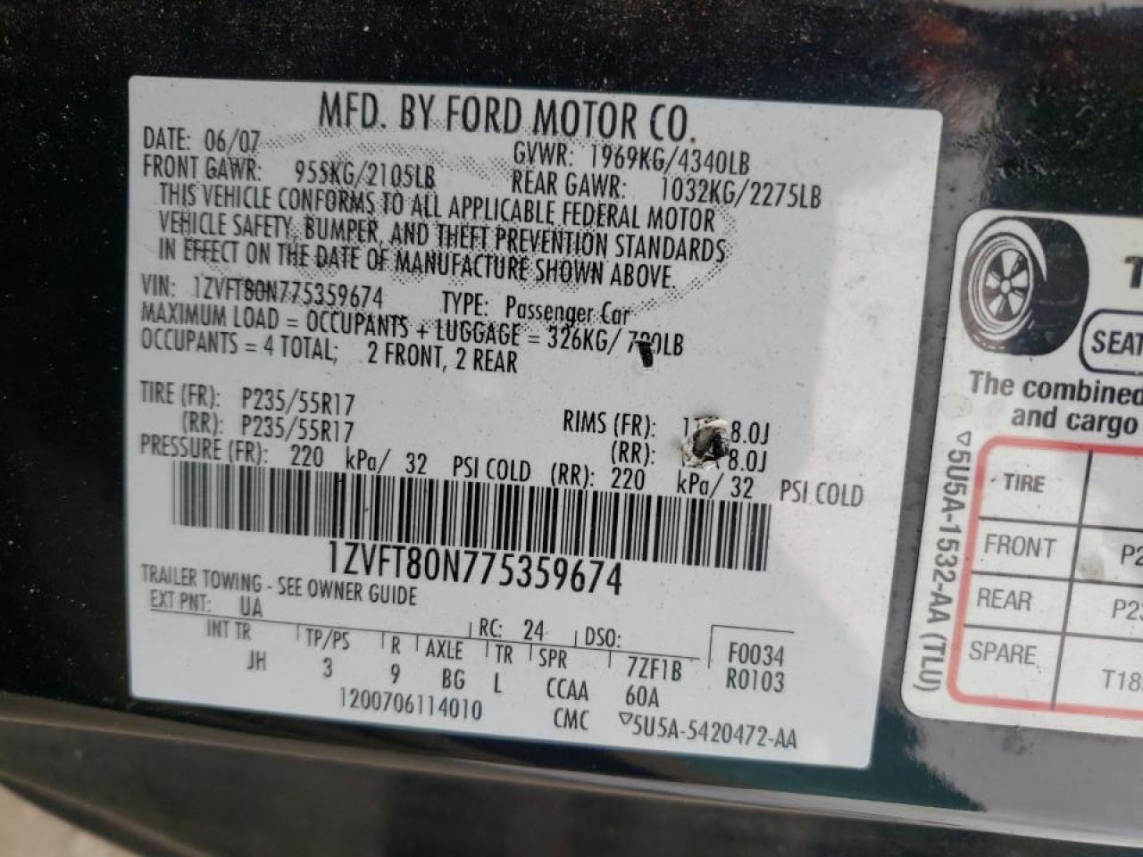 Photo 10 from auction – 2007 FORD MUSTANG with VIN 1ZVFT80N775359674