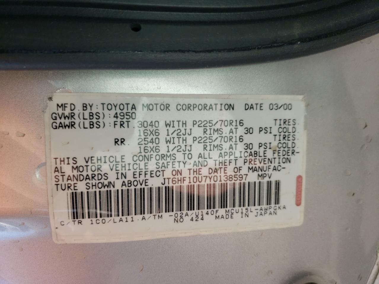 Photo 10 from auction – 2000 LEXUS RX 300 with VIN JT6HF10U7Y0138597