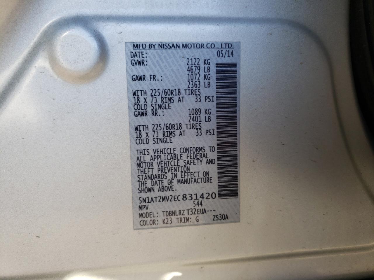 Photo 10 from auction – 2014 NISSAN ROGUE S with VIN 5N1AT2MV2EC831420