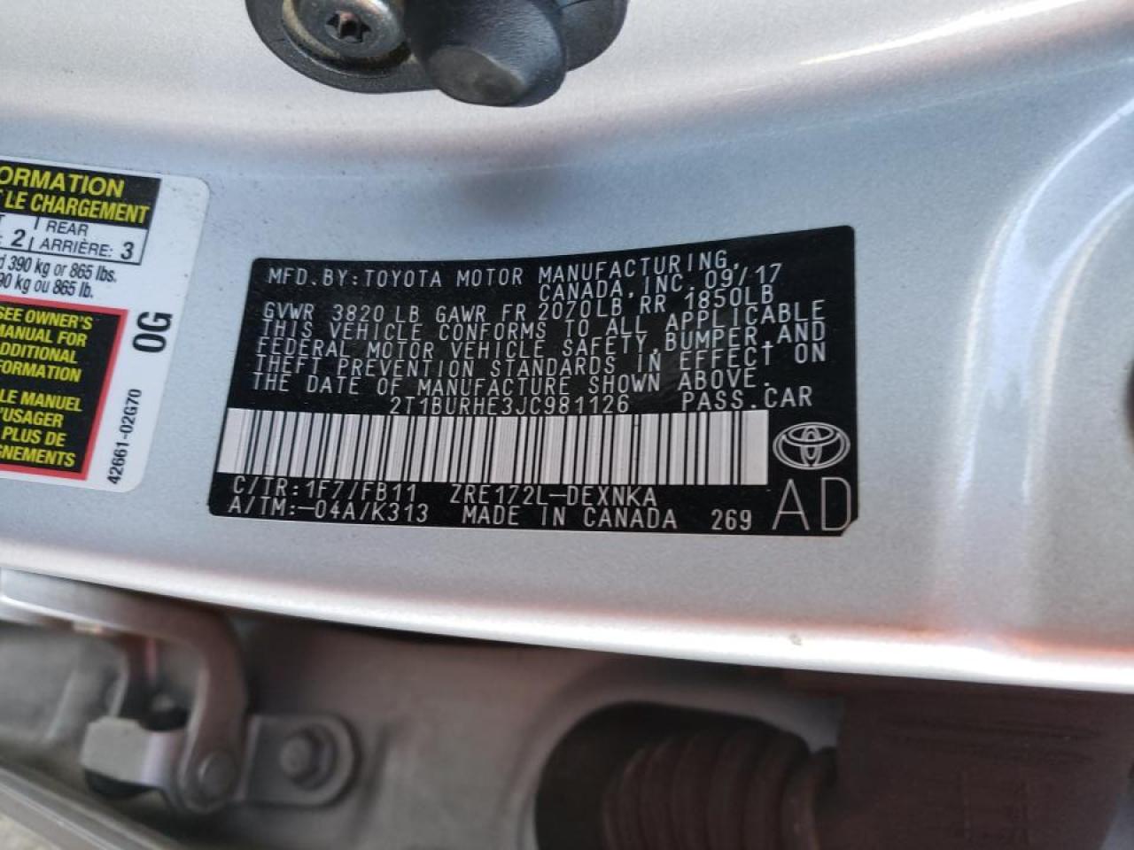 Photo 10 from auction – 2018 TOYOTA COROLLA L with VIN 2T1BURHE3JC981126