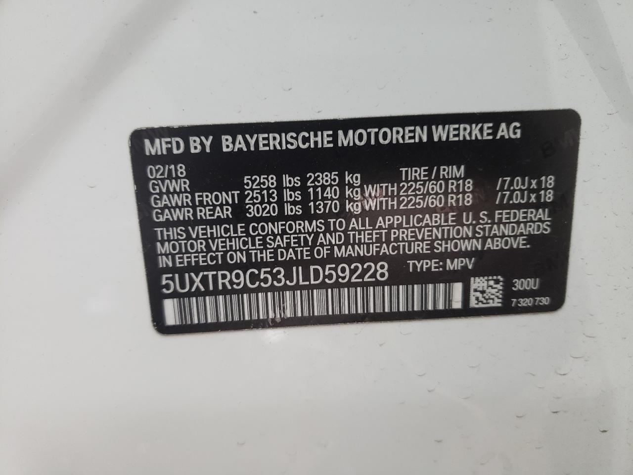 Photo 10 from auction – 2018 BMW X3 XDRIVE3 with VIN 5UXTR9C53JLD59228