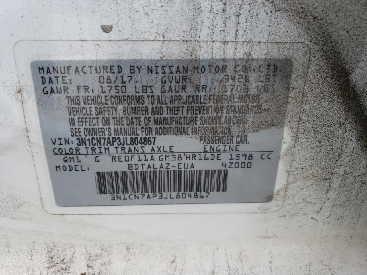 Photo 10 from auction – 2018 NISSAN VERSA S with VIN 3N1CN7AP3JL804867
