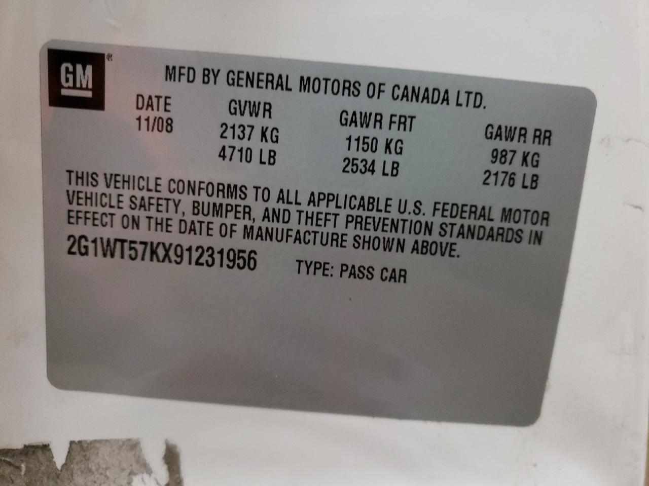 Photo 10 from auction – 2009 CHEVROLET IMPALA 1LT with VIN 2G1WT57KX91231956