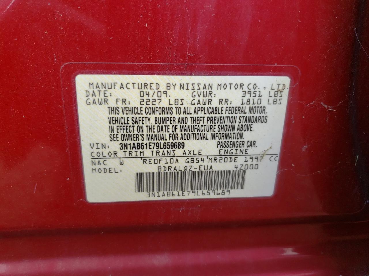 Photo 10 from auction – 2009 NISSAN SENTRA with VIN 3N1AB61E79L659689