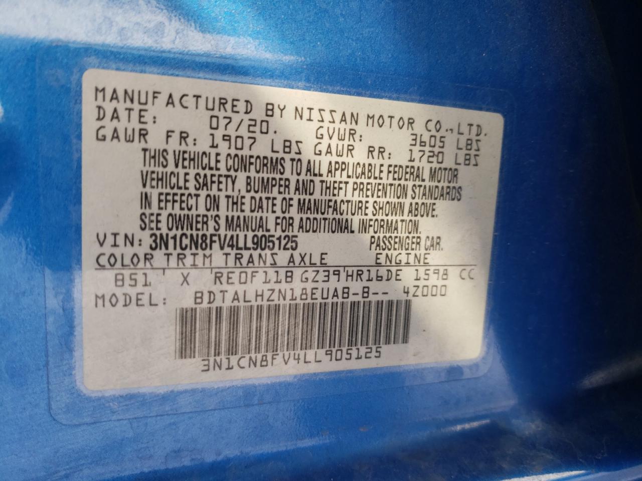 Photo 10 from auction – 2020 NISSAN VERSA SR with VIN 3N1CN8FV4LL905125