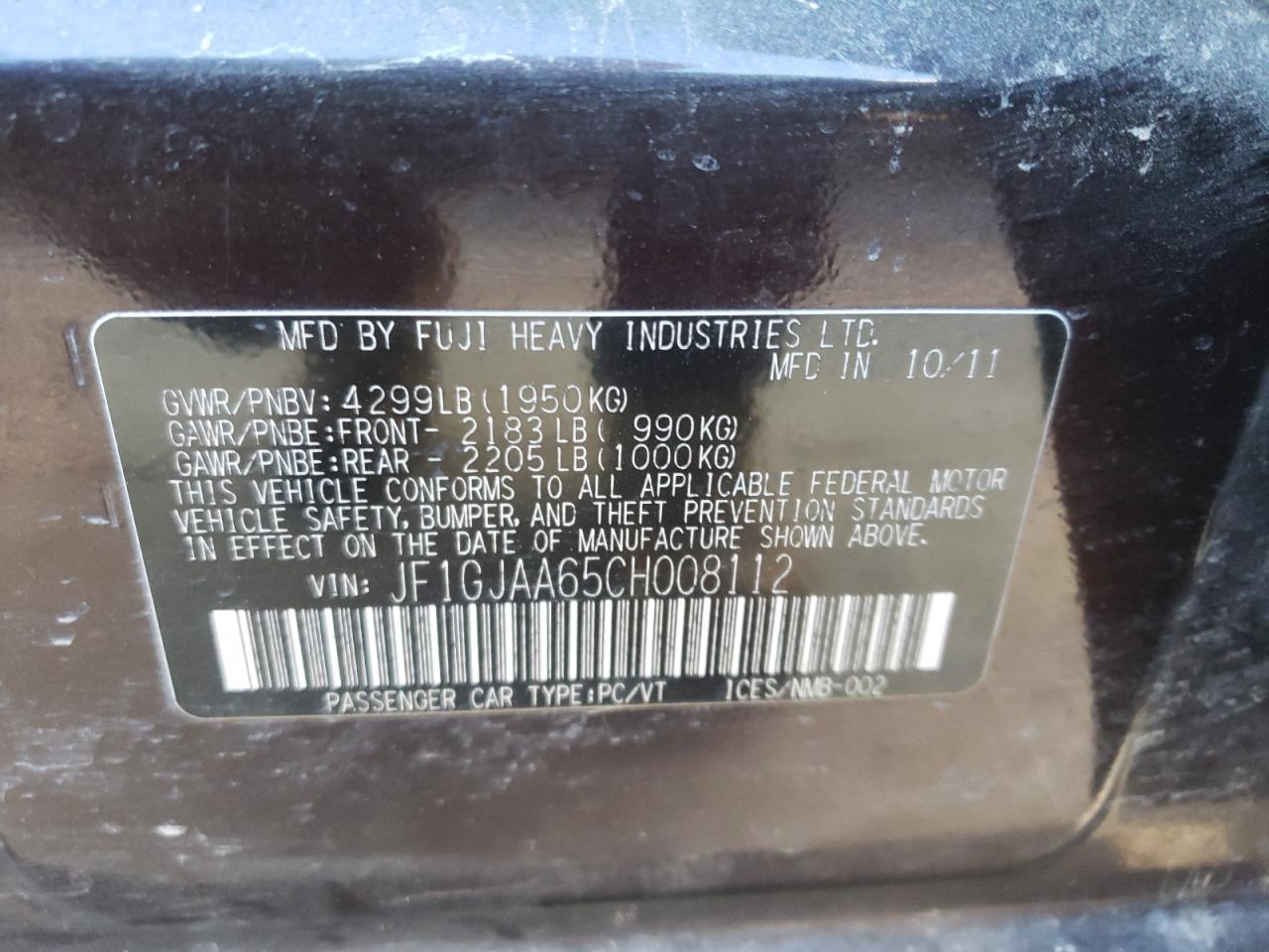Photo 10 from auction – 2012 SUBARU IMPREZA with VIN JF1GJAA65CH008112