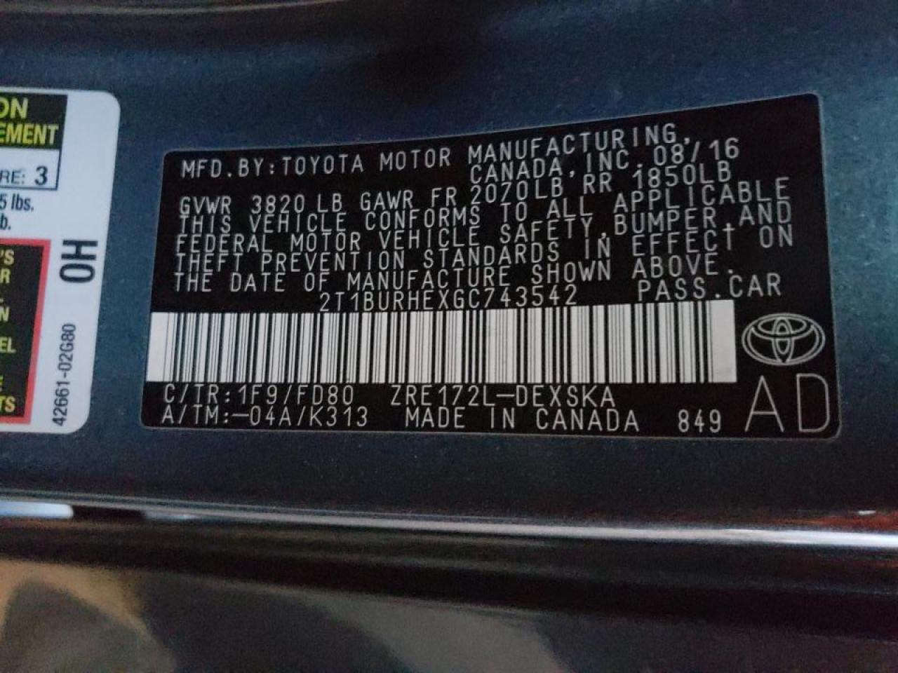 Photo 10 from auction – 2016 TOYOTA COROLLA L with VIN 2T1BURHEXGC743542