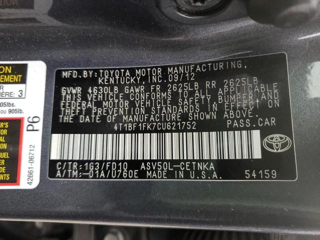 Photo 10 from auction – 2012 TOYOTA CAMRY BASE with VIN 4T1BF1FK7CU621752