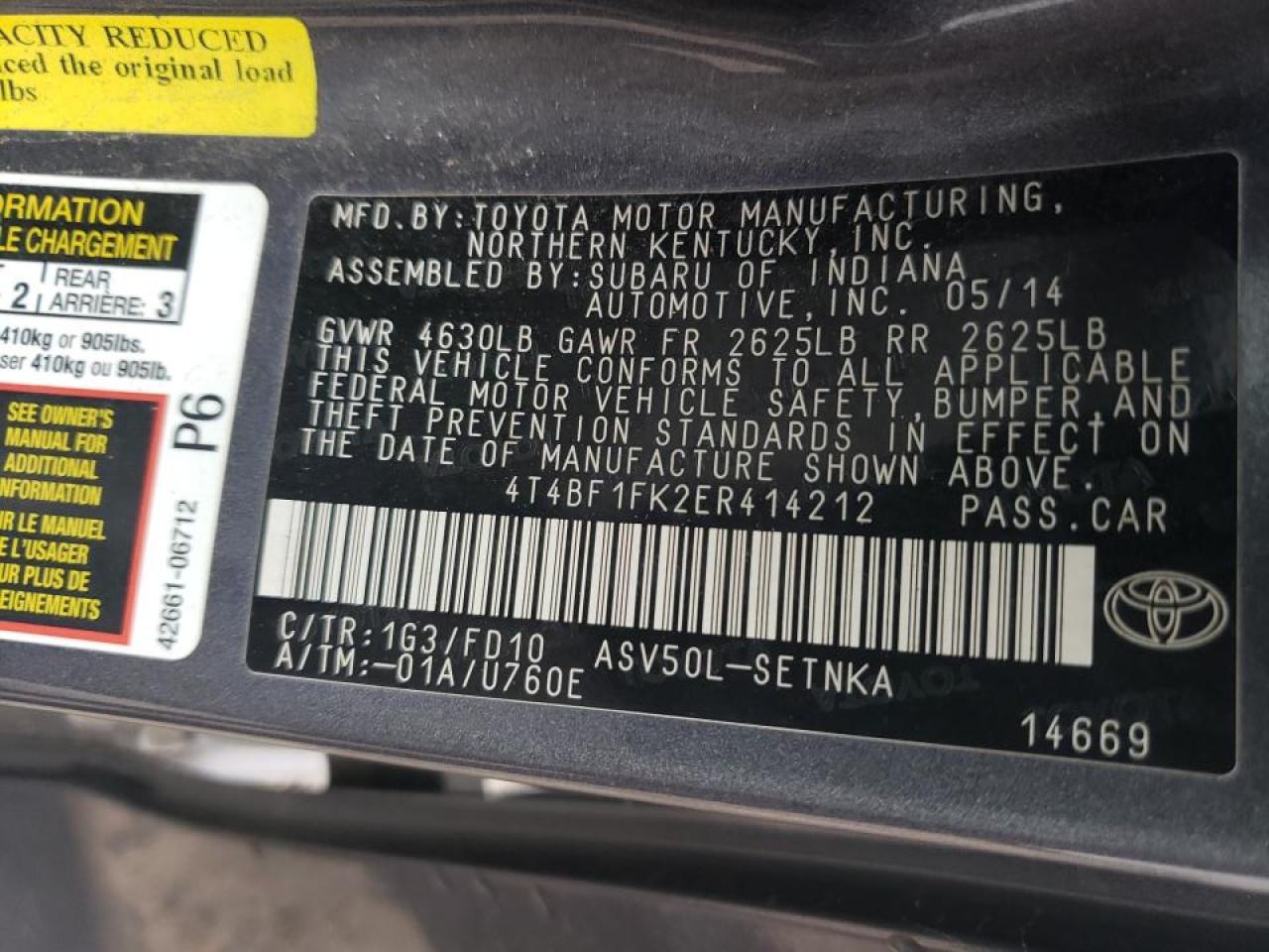 Photo 10 from auction – 2014 TOYOTA CAMRY L with VIN 4T4BF1FK2ER414212