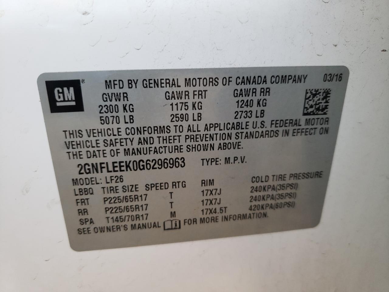 Photo 10 from auction – 2016 CHEVROLET EQUINOX LS with VIN 2GNFLEEK0G6296963