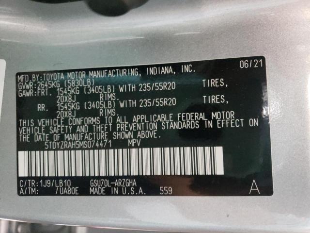 Photo 10 from auction – 2021 TOYOTA HIGHLANDER with VIN 5TDYZRAH5MS074471