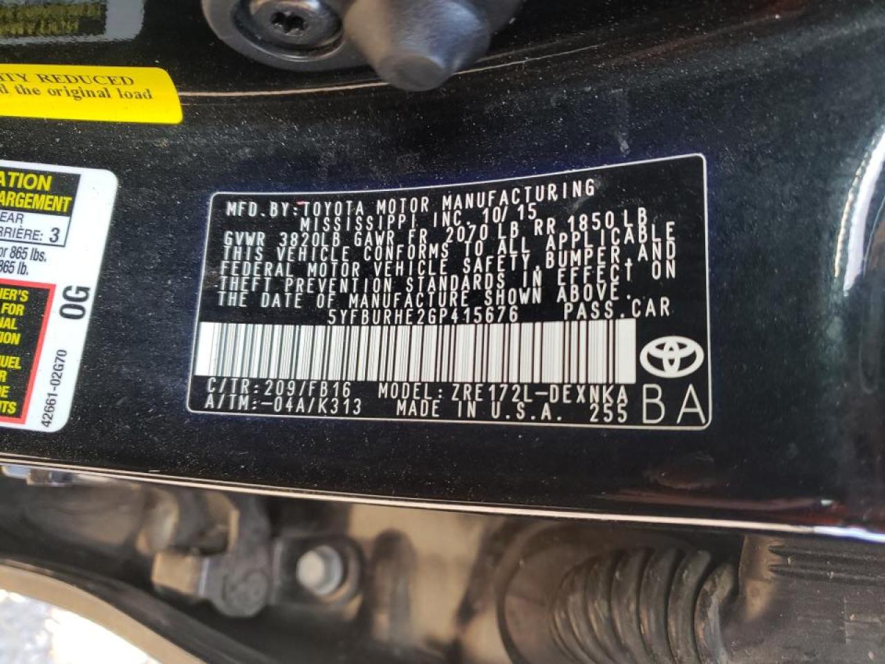 Photo 10 from auction – 2016 TOYOTA COROLLA L with VIN 5YFBURHE2GP415676