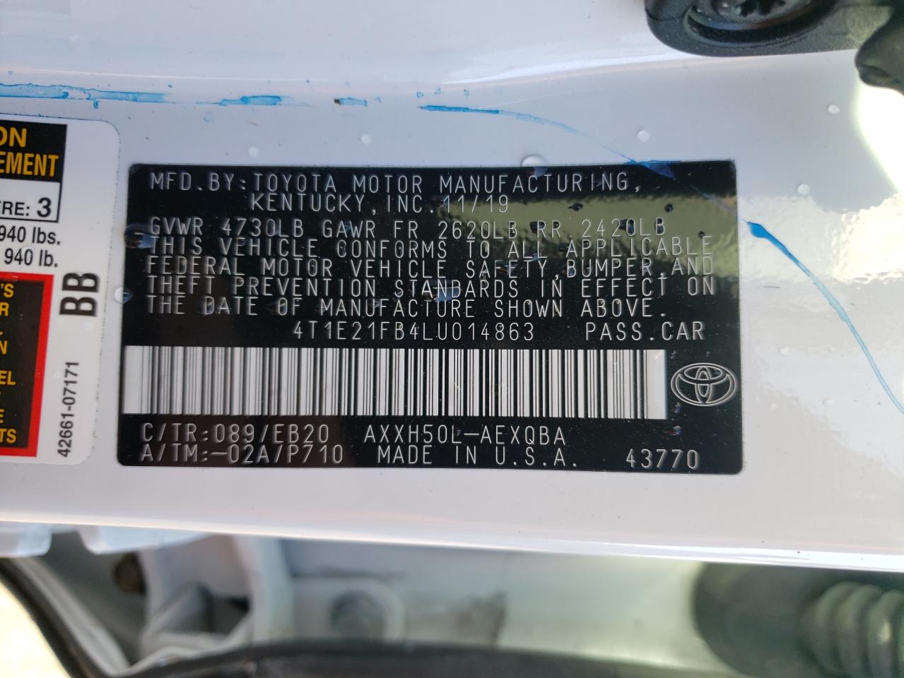 Photo 10 from auction – 2020 TOYOTA AVALON with VIN 4T1E21FB4LU014863
