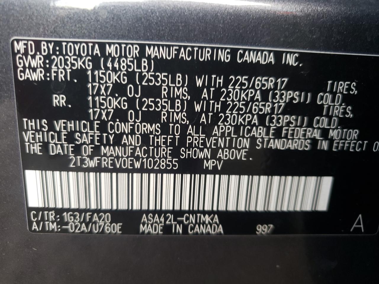 Photo 10 from auction – 2014 TOYOTA RAV4 XLE with VIN 2T3WFREV0EW102855