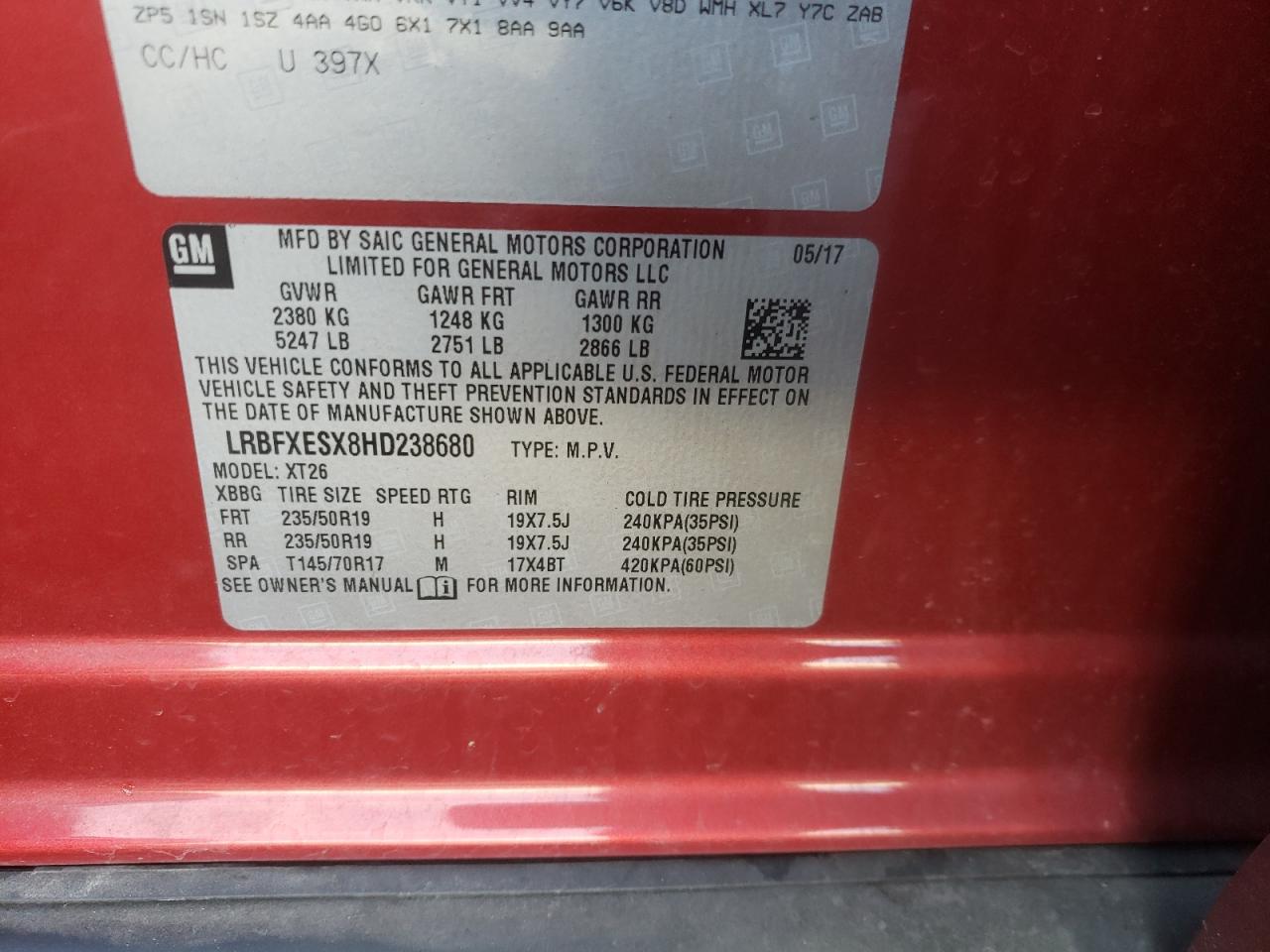 Photo 10 from auction – 2017 BUICK ENVISION P with VIN LRBFXESX8HD238680