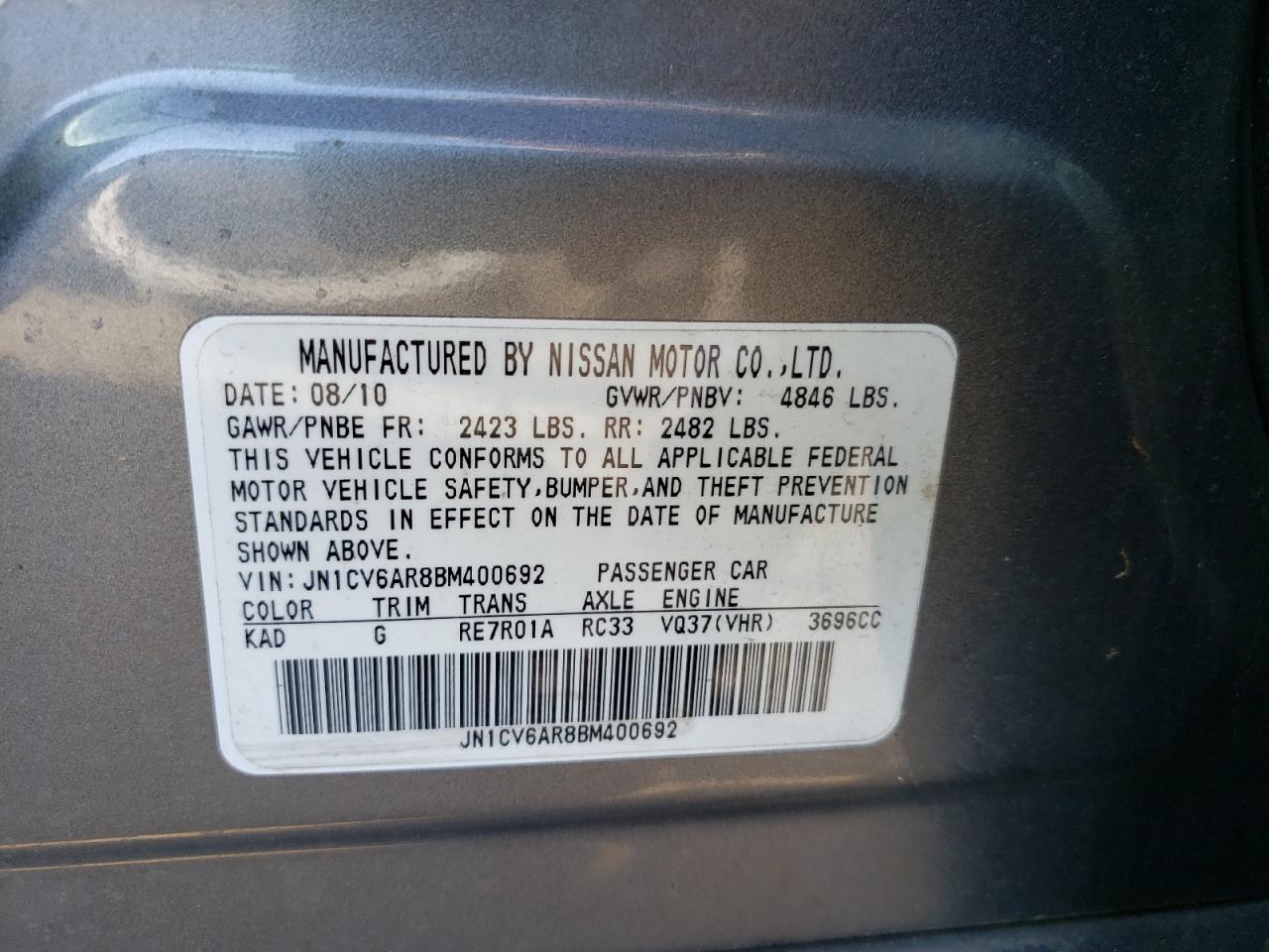 Photo 10 from auction – 2011 INFINITI G37 with VIN JN1CV6AR8BM400692