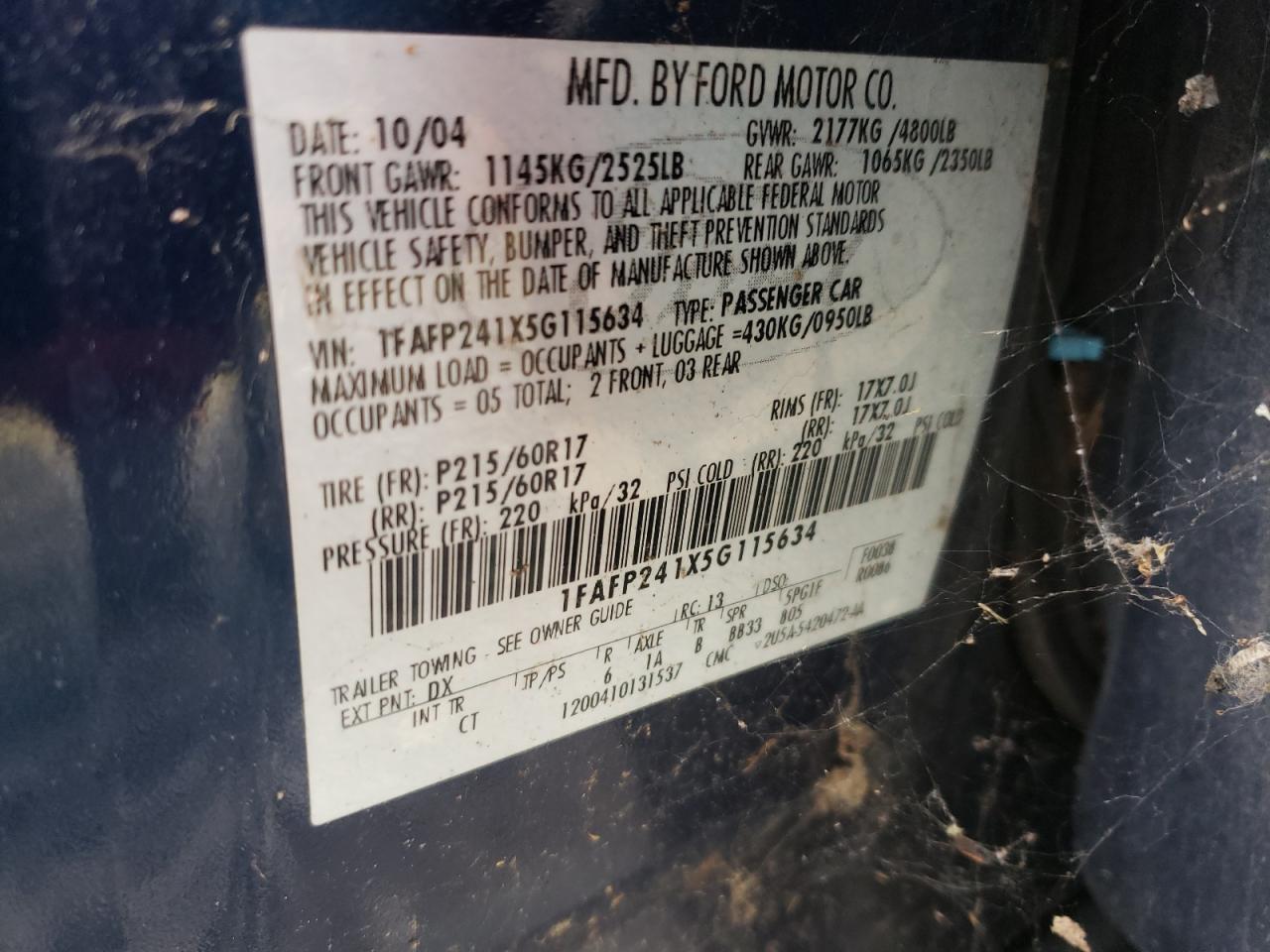 Photo 10 from auction – 2005 FORD FIVE HUNDR with VIN 1FAFP241X5G115634