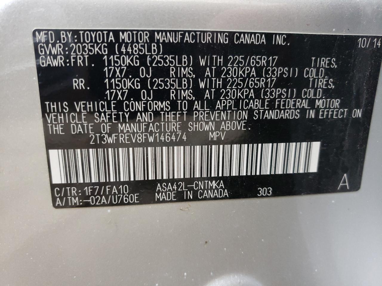 Photo 10 from auction – 2015 TOYOTA RAV4 XLE with VIN 2T3WFREV8FW146474