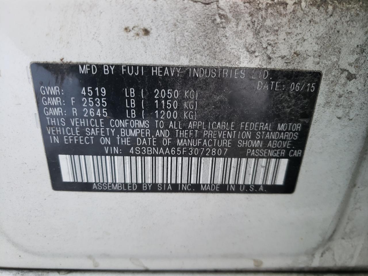 Photo 10 from auction – 2015 SUBARU LEGACY 2.5 with VIN 4S3BNAA65F3072807