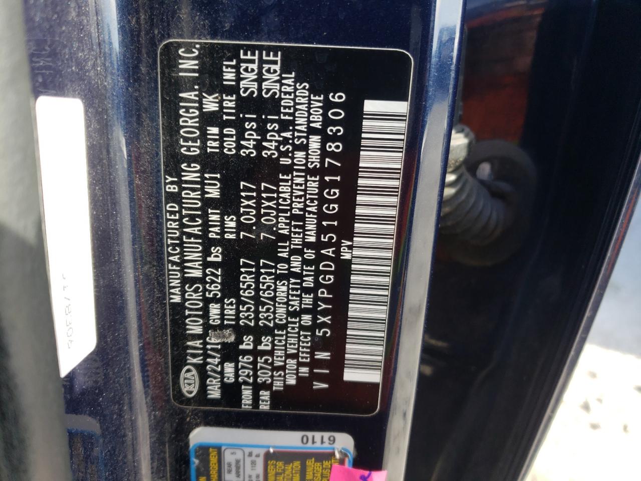 Photo 10 from auction – 2016 KIA SORENTO LX with VIN 5XYPGDA51GG178306