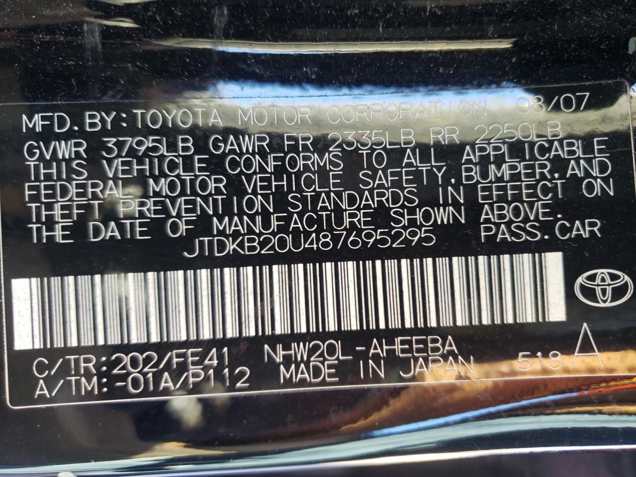 Photo 10 from auction – 2008 TOYOTA PRIUS with VIN JTDKB20U487695295