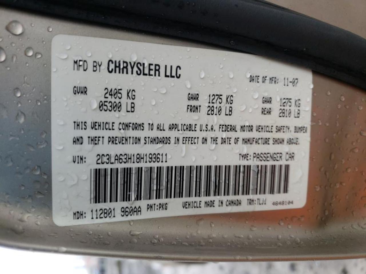 Photo 10 from auction – 2008 CHRYSLER 300C with VIN 2C3LA63H18H193611