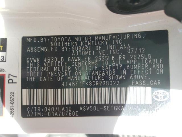 Photo 10 from auction – 2012 TOYOTA CAMRY BASE with VIN 4T4BF1FK8CR238022